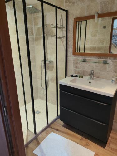 a bathroom with a sink and a shower at Location de La Ferme De Kerraoul in Combrit