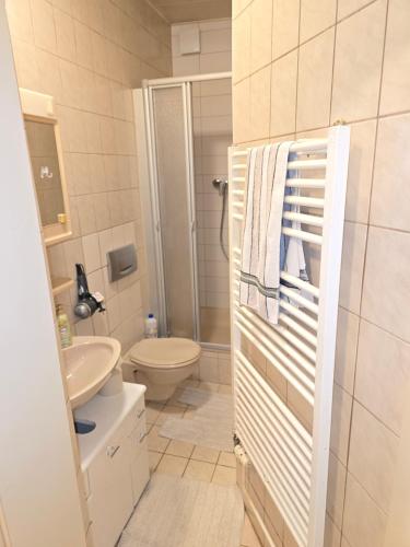 a white bathroom with a toilet and a sink at Apartments bei Marienplatz in Stuttgart