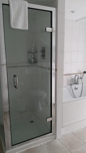 a shower with a glass door in a bathroom at Cottages at the Lugger in Portloe
