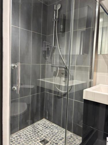 a bathroom with a shower with a glass door at Hôtel - Restaurant Eugenie in Pontorson