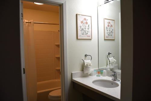 a bathroom with a sink and a toilet and a mirror at Inn at the Waterpark in Galveston