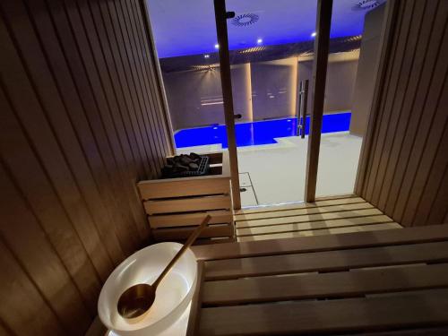 a bathroom with a toilet and a bath tub at Zemun Golax Apartments in Belgrade