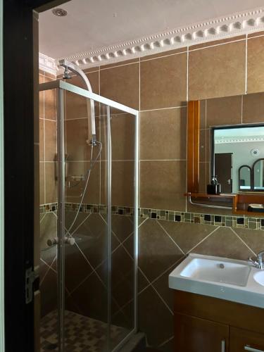 a bathroom with a shower and a sink at Homely Palace in Midrand
