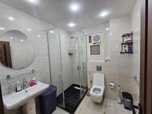 a bathroom with a shower and a sink and a toilet at Salalah Apartment in Cairo