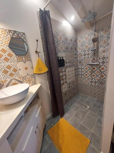 a bathroom with a shower and a sink at Chez Agatha in Vertheuil-en-Médoc