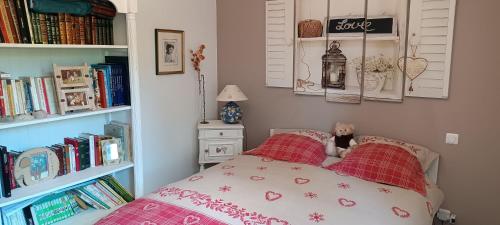 a bedroom with a bed and a shelf of books at Le Saint Jacques in Nans-les-Pins