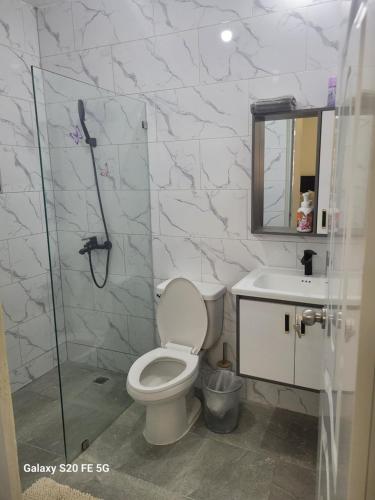 a bathroom with a toilet and a shower and a sink at bienvenido a casa in San Pedro de Macorís