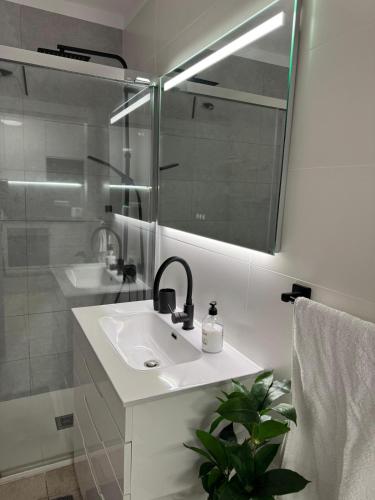 a bathroom with a sink and a shower and a mirror at Casa de Rufio With Pool Tenerife in Puerto de Santiago