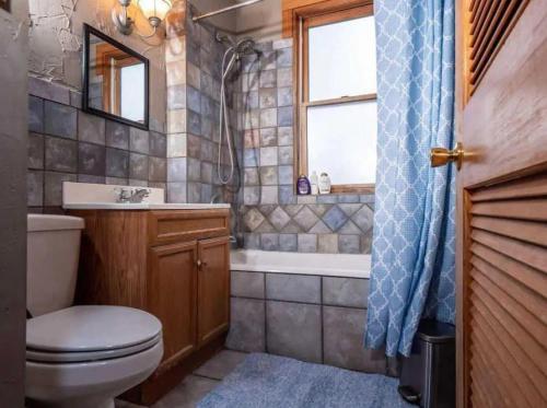 a bathroom with a toilet and a sink and a tub at Jungle House Luxury Stays - Columbus Downtown Short North in Columbus