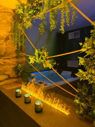 une pièce avec des plantes et des bougies sur une table dans l'établissement Hotel Joli, à Saint-Marin