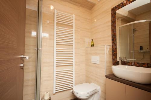 a bathroom with a toilet and a sink and a shower at Apartment Butterfly in Osijek