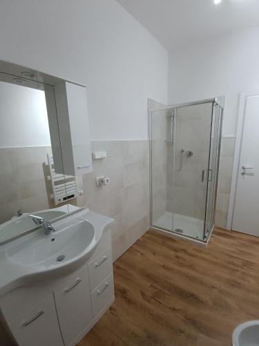 a bathroom with a sink and a shower at MTB b&b in Alfonsine