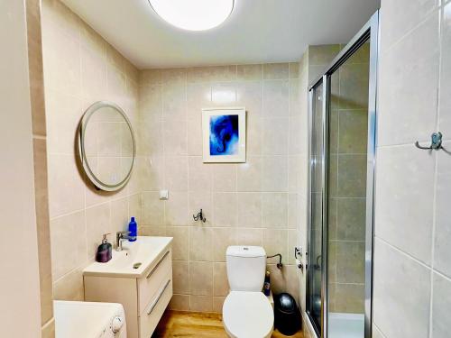 a bathroom with a toilet and a shower at Apartament Bursztynowy Jantar 2 pokojowy z ogrodzonym tarasem przy nadmorskim lesie in Jantar