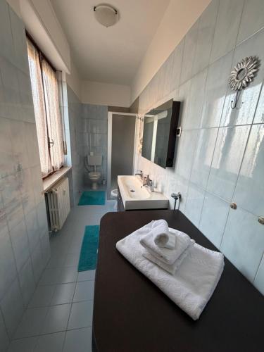 a bathroom with a sink and a toilet and a mirror at La casa di Alice in Orbassano