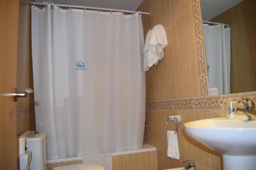 ein Bad mit einer Dusche, einem WC und einem Waschbecken in der Unterkunft Hotel VIDA Playa Paxariñas in Portonovo