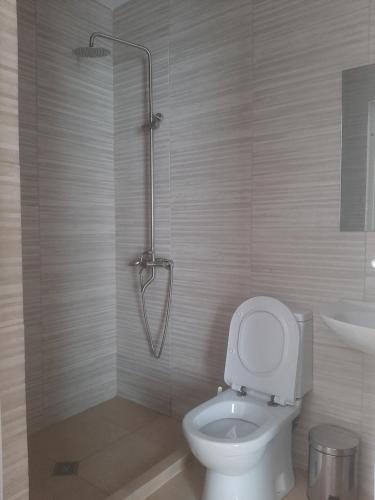 a bathroom with a shower with a toilet and a sink at Maia's Cottage in Bakuriani