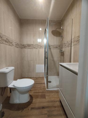 a bathroom with a toilet and a shower and a sink at Chill Spot - Faro Hostel in Faro