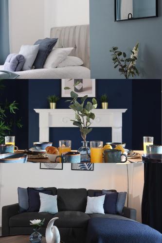 a living room with blue walls and a couch at Stylish Newcastle Stay- Free Private Parking - Ideal for Groups, Families & Work Stays in Newcastle upon Tyne