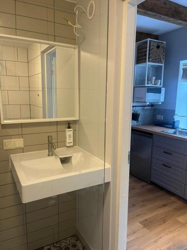 a bathroom with a sink and a kitchen at A33 central studio aparthotel in Liepāja