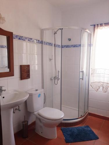 a bathroom with a shower and a toilet and a sink at Warung in Lajares