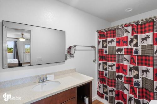 a bathroom with a sink and a plaid shower curtain at Soldotna-Kenai Peninsula House in Soldotna