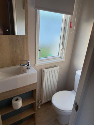 a bathroom with a toilet and a sink and a window at Coastal Caravan Seton Sands in Port Seton