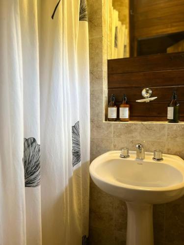 a bathroom with a sink and a white shower curtain at Casa Viedma in El Chalten
