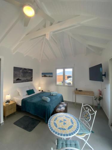 a bedroom with a bed and a table and a tv at Résidence Fleur de Café - Petite Terre in Deshaies