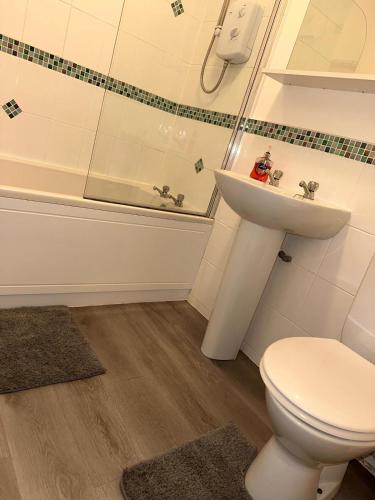 a bathroom with a toilet and a sink and a shower at Rook View in Buckie