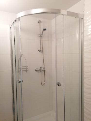 a shower in a bathroom with a glass door at Dom "Honorat", Kamianna 70, 33-336 in Kamianna