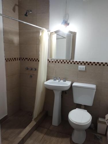 a bathroom with a toilet and a sink and a shower at Casa Valle Verde in Sierra de los Padres