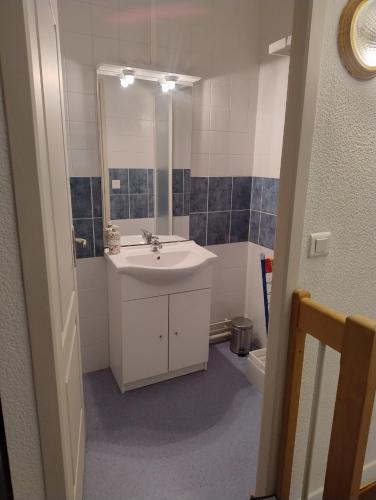 a bathroom with a sink and a mirror and a toilet at Le Lorry 8 appartement in Laruns