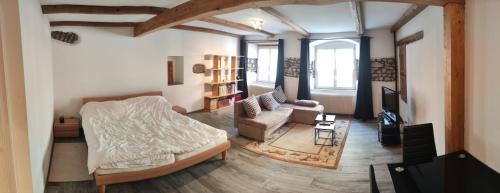 a living room with a bed and a couch at maison102 studio Saint-Ursanne Jura in Saint-Ursanne
