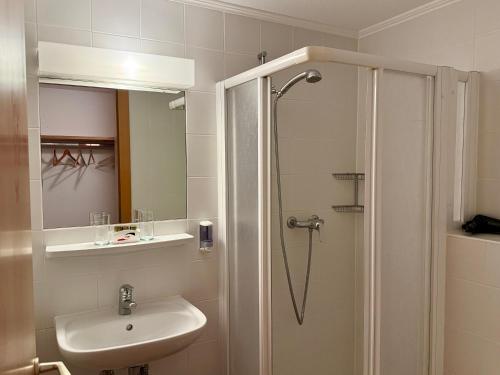 a bathroom with a shower and a sink at Perla Valsole Hotel Ristorante in Acquarossa