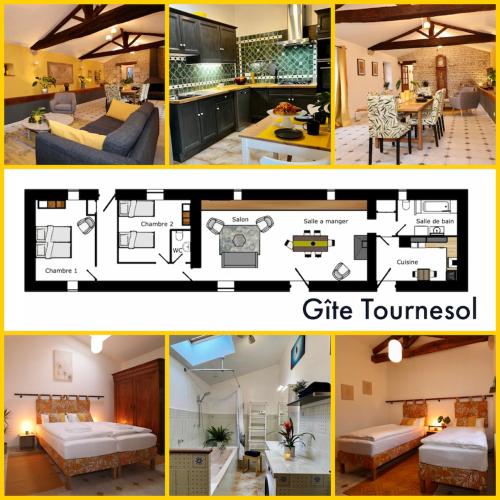 a collage of pictures of a living room and a kitchen at Gîtes de la Bernière in Brûlain