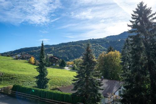 a view of a field with trees and a mountain at Gipfelblick in Rettenberg