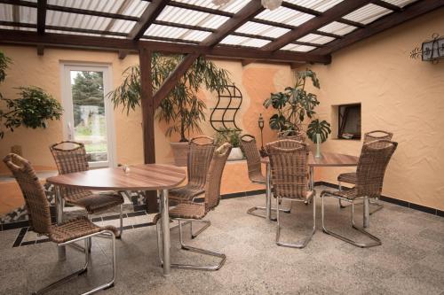 une chambre avec une table, des chaises et une fenêtre dans l'établissement Schusters Lindenhof, à Bautzen