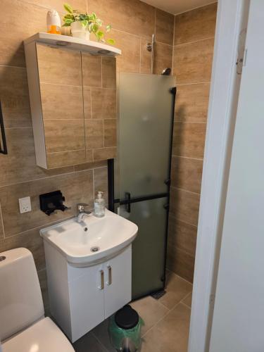 a small bathroom with a sink and a toilet at 2 room apartment in Horsens in Horsens