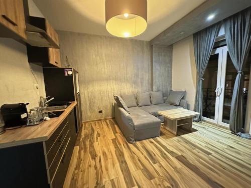 a living room with a couch and a table at Fashion Villa in Bad Nauheim