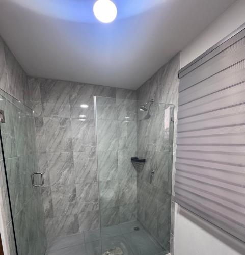 a shower with a glass door in a bathroom at Modernos Departamentos Centricos in Ciudad Guzmán