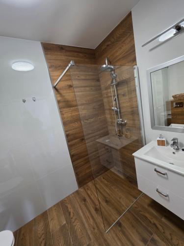 a bathroom with a shower and a sink at Apartament Podmiejska Nova in Kalisz