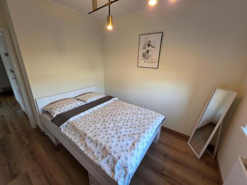 a bedroom with a bed and a picture on the wall at Apartament Podmiejska Nova in Kalisz