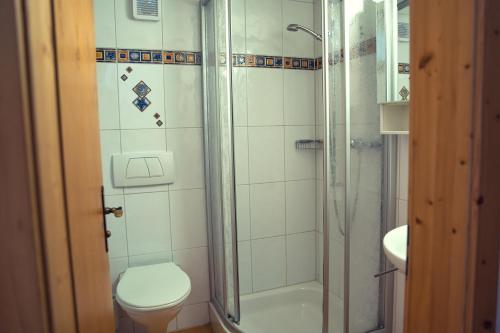a bathroom with a shower and a toilet and a sink at Beachhouse Isleten in Bauen