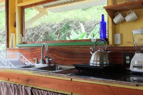 a kitchen sink with a tea kettle next to a window at Sweet Spot Stay - Tropical TreeTops Home in Pahoa