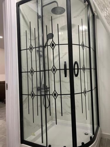 a glass display case with black and white designs on it at WoodCottage in Borjomi