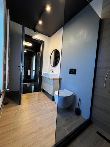 a bathroom with a sink and a toilet and a mirror at Mountain View Home in Zalău