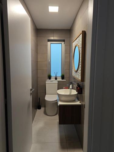 a bathroom with a sink and a toilet and a mirror at Maximos Luxury Villa Monagri Limassol in Monagri