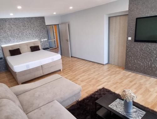 a living room with a bed and a television at Apartmán Viktorie in Mikulov
