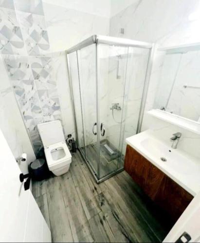 a bathroom with a shower and a toilet and a sink at Helena Resort & Spa in Kalecik