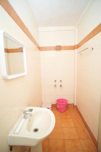 a bathroom with a sink and a red bucket at HOTEL ABHISHEK, Shirdi in Shirdi